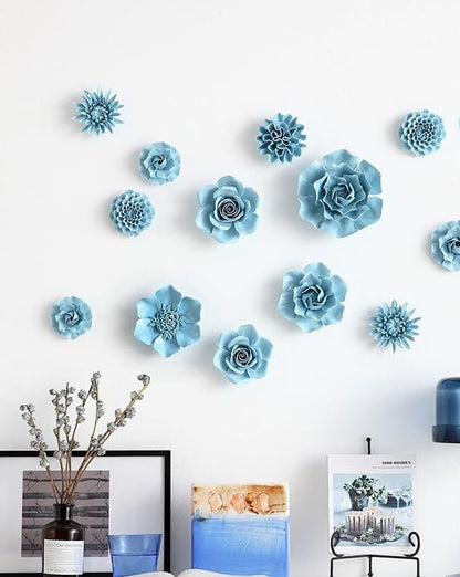 AMERRY 3D Flower Wall Art, Handmade Porcelain Decor for Home Office (Blue, Peony, 4.72")
