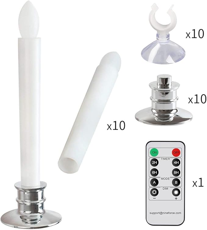 10 Pack Flameless Taper Candles with Remote/Timer & Suction Cup, Battery Operated Flickering LED Window Candles, Vintage Christmas Electric Fake Candlesticks, Silver Holder