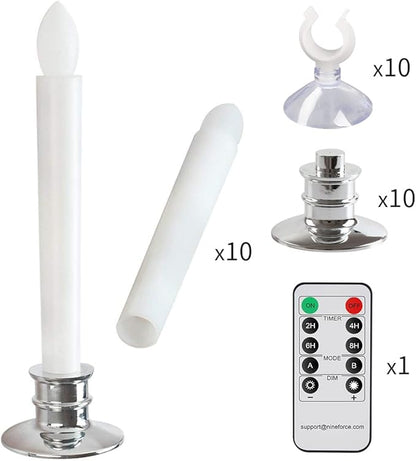 10 Pack Flameless Taper Candles with Remote/Timer & Suction Cup, Battery Operated Flickering LED Window Candles, Vintage Christmas Electric Fake Candlesticks, Silver Holder