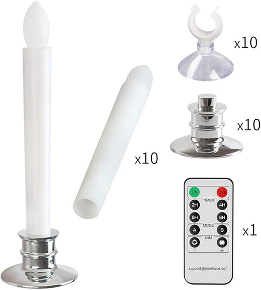 10 Pack Flameless Taper Candles with Remote/Timer & Suction Cup, Battery Operated Flickering LED Window Candles, Vintage Christmas Electric Fake Candlesticks, Silver Holder