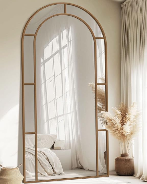 Antok 81" x 41" Full Length Mirror, Floor Mirror Arched Window Decorative Mirror, Metal Framed Decor Farmhouse Floor Mirrors Art Pane Mirrors Wall Decor for Bedroom, Living Room, Entryway Bronze