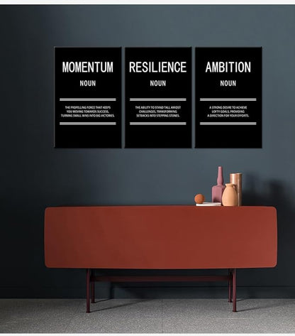 WYJZDZQ8 Ambition Momentum Resilience 3 Panel Inspirational Canvas Print Wall Art Motivational Poster Picture Painting Modern Inspiring Artwork for Home Office Living Room Wall Decor [48''Wx 24''H]