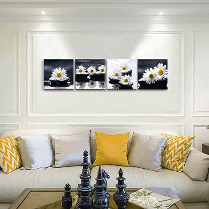 Yxbhhym-Black and White Wall Art Zen Décor Canvas Print Daisy Poster Painting Flower Stone Picture Meditation Artwork for Bathroom Decoration Dining Wall Art Bedroom Living Room Decor Office Framed