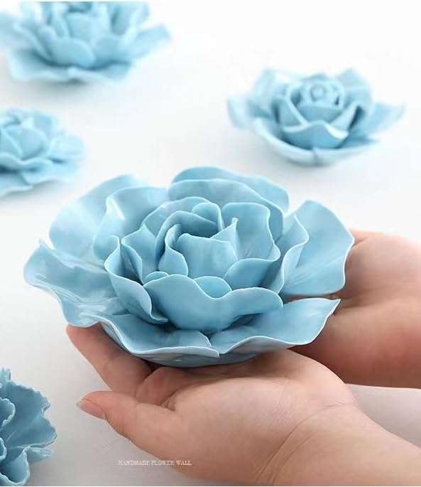 AMERRY 3D Wall Art - Artificial Porcelain Flower Decor for Home & Office (Blue Camellia, 2.76")
