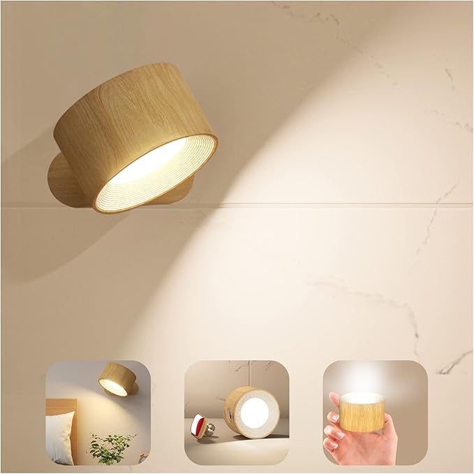 Koopala LED Sconces, Wall Mounted Lamps with Rechargeable Battery Operated USB Port 3 Color Temperatures & 3 Brightness Levels 360°Rotate Magnetic Ball, Cordless Lights for Reading Bedside