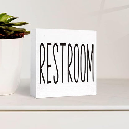 SJNH Funny Bathroom Wood Sign, Rustic Farmhouse Style, 5"x5", White, Tabletop Display, Humor Theme