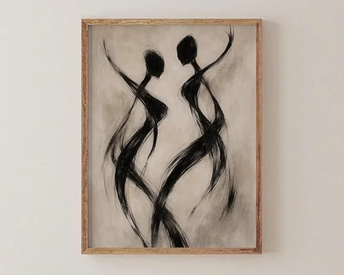 Abstract Dancer Wall Art Modern Black Brushstroke Figure Silhouette Elegant Minimalist Neutral Tone Home Living Room Bedroom Entryway Sophisticated Artistic Interior Decor Statement Piece 16x24 Inch Unframed