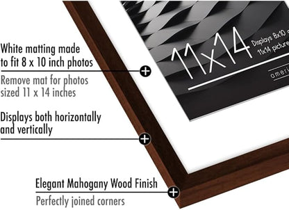 Americanflat 11x14 Picture Frame with Shatter-Resistant Glass - Use as 8x10 Frame with Mat or Display 11x14 Photo Without Mat - Streamline Collection - Thin Border Picture Frames for Wall - Mahogany