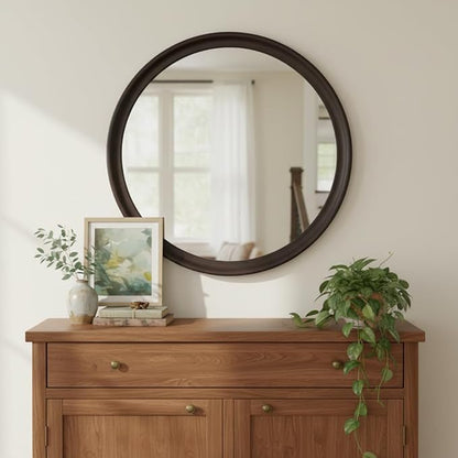 Round Wood Mirrors 30 Inch,Rustic Decorative Transitional Dark Walnut Wall Mirror with Wood Grain for Bathroom,Farmhouse Hanging Vanity Mirror for Entryway Living Room or Bedroom