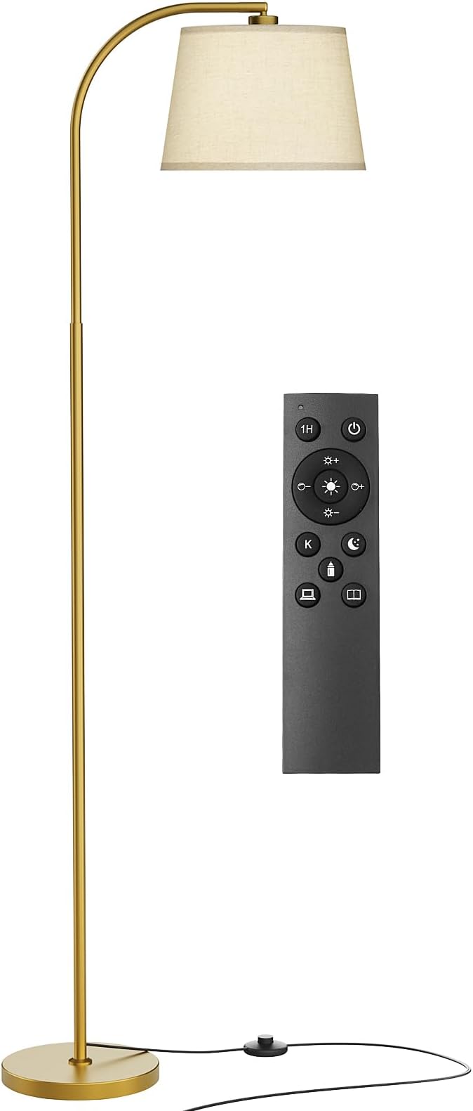 Karjoefar Arc Floor Lamp,64" Standing Lamp with Stepless Dimmable & 3 Colors Temperature,Adjustable Linen Shade and Remote, Glod Arc Floor Lamps for Living Room(with 9W Bulb)