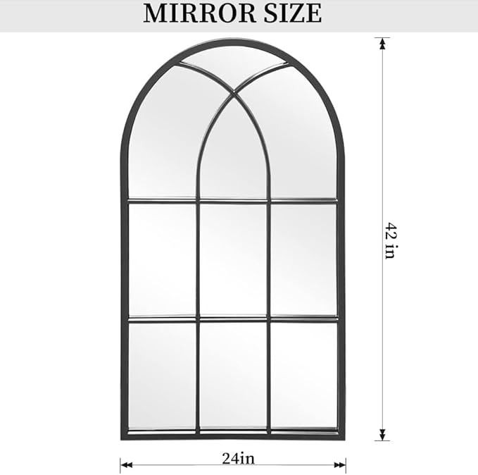 Dewfig Arched Window Wall Mirror, 42"x24", Decorative Mirror, Vanity Mirrors for Bathroom, Bedroom, Entryway, Living Room, Window Pane or Farmhouse Mirrors for Wall Decor, Metal Frame, Black