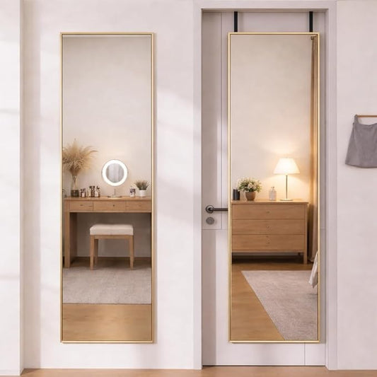 Simple Deluxe 47x14 Full Length Mirror Over The Door, Wall Mounted Full Body Mirror, Luxurious Gold Aluminum Frame, Shatterproof Glass, for Bedroom, Living Room, Entryway, Gold Rectangle