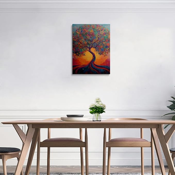 Cool Colorful Boho Abstract Picture Wall Decor Framed Fantasy Texture Blooming Tree of Life Graffiti Canvas Wall Art Modern Prints Poster Country Painting for Living Room Bathroom Bedroom16x24 Inches