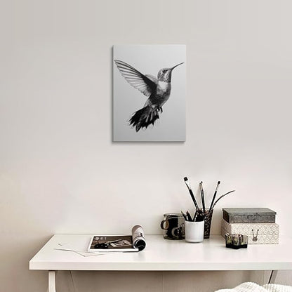 Minimalist Hummingbird Pencil Drawing Canvas Wall Art Framed Black and White Detailed Print High Contrast Bird Wall Decor Artwork Poster for Modern Living Room Office 16x24 Inches