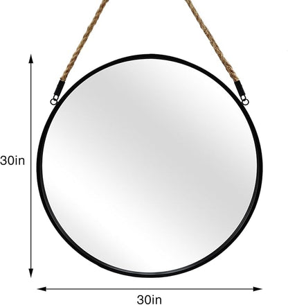 POZINO Large Round Hanging Mirror, Circle Wall Mirror with Rope, 30 Inch Black Frame Farmhouse Mirror for Bathroom Bedroom Living Room Entryway Home Decor