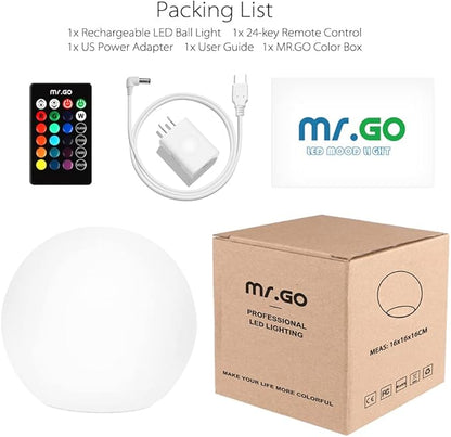 Mr.Go 6-inch RGB Color-Changing LED Globe Orb Light w/Remote, Mood Lamp Kids Night Light, 16 Dimmable Colors & 4 Modes, Battery & AC Adapter Power, Home Bedroom Patio Pool Decorative Lighting