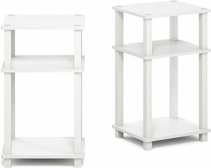 Furinno JUST Side Table Set of 2, 3-Tier Open Shelf Modern End Table, Toolless Assembly Night Stand, Bedside Table with Square Tube, for Living Room, Bedroom, White
