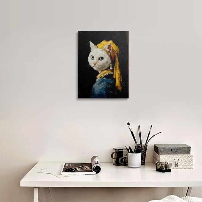 Vintage Style Cat Canvas Wall Art Framed Painting Whimsical Portrait with Pearl Earring Blue Eyes Yellow Headscarf Humorous Animal Wall Decor Artwork for Living Room Bathroom 16x24 Inches