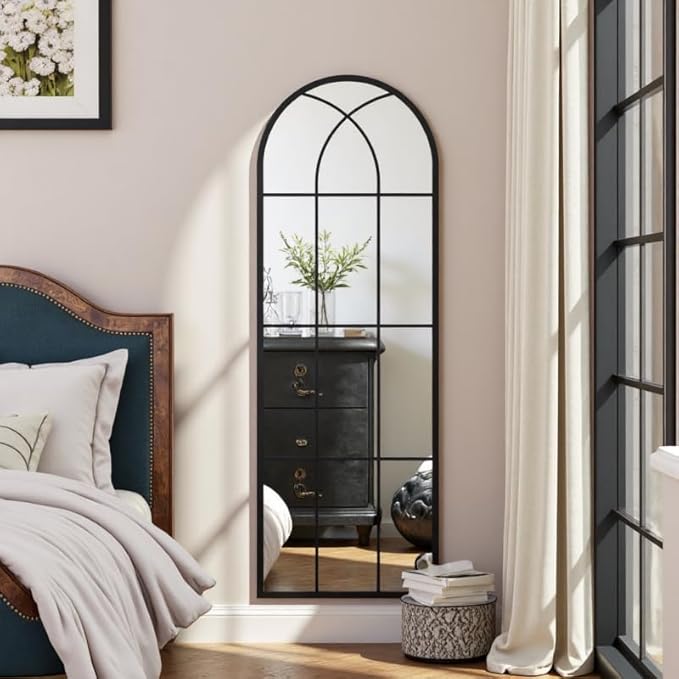 OGCAU Arched Full Length Mirror, 65"x22" Window Mirror, Floor Length Hanging or Leaning, Full Body with Iron Frame Window Pane for Bedroom Living Room (Black)