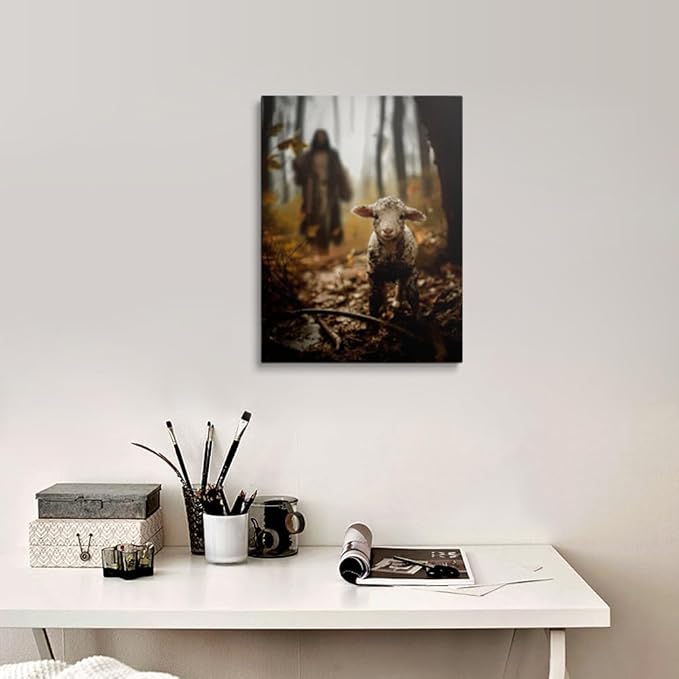 Religious wall decor for prayer room Christian wall art for Christmas decorations indoor Jesus and Lamb canvas wall prints Jesus Running After Lost Lamb Picture for home decor Baptism gifts for boys-girl serenity prayer wall art for catholic Women chri...