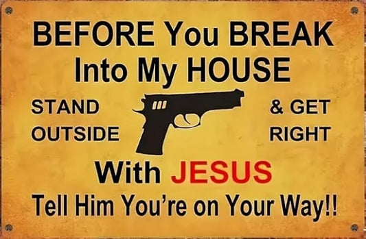 Vintage Metal Warning Sign, Religious Home Defense Wall Decor, 8x12 Inches, Yellow