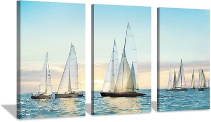 Hardy Gallery sailboat wall art coastal pictures: nautical wall decor sailing artwork blue ocean print in canvas painting for living room 16" x 26" x 3 panels