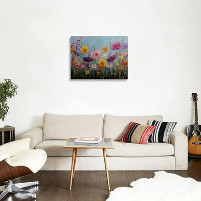 Impasto Wildflower Meadow Canvas Wall Art Framed Oil Painting Vibrant Poppies in Sunny Yellow Pink Purple Thick Textured Brushstrokes Bright Wall Decor Artwork for Living Room Bedroom 12x16 Inches