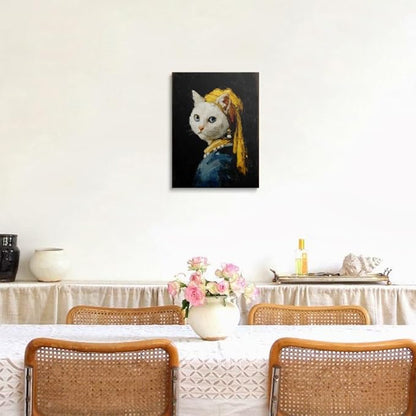 Vintage Style Cat Canvas Wall Art Framed Painting Whimsical Portrait with Pearl Earring Blue Eyes Yellow Headscarf Humorous Animal Wall Decor Artwork for Living Room Bathroom 16x24 Inches