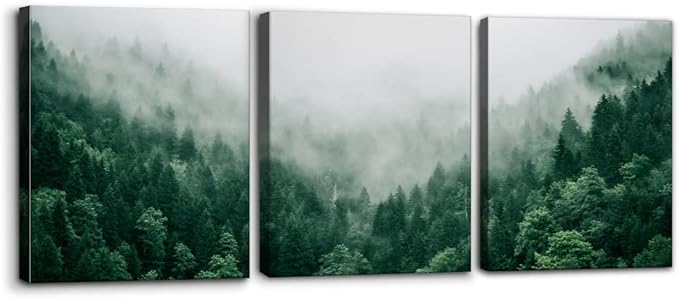 Pacimo Canvas Print Wall Art Set Talking with the Fog Aerial View of Pine Trees in Mist Realism Pictures Print on Canvas Rustic Scenic Modern Artwork Stretch Framed Ready to Hang - 12"x16"x3 Panel