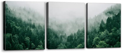Pacimo Canvas Print Wall Art Set Talking with the Fog Aerial View of Pine Trees in Mist Realism Pictures Print on Canvas Rustic Scenic Modern Artwork Stretch Framed Ready to Hang - 12"x16"x3 Panel
