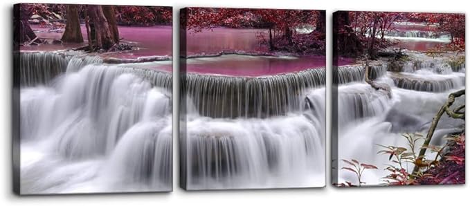 Pacimo Red Forest Canvas Wall Art 3 Pieces Waterfall Canvas Print Landscape Picture Paintings on Canvas Wall Artwork for Office and Home Décor Stretched Framed Ready to Hang - 12"x16"x3 Panel