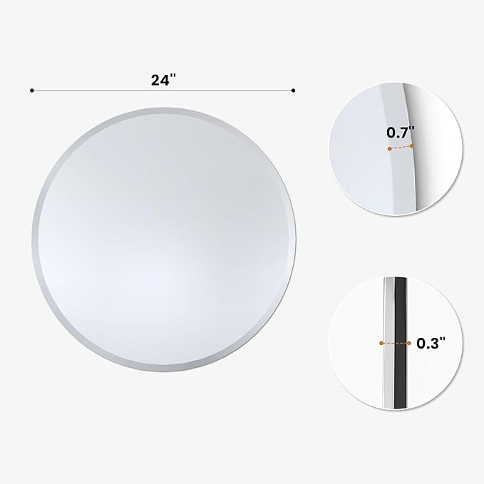 24 Inch Round Mirror for Wall Decor, Frameless Beveled Circle Mirror with Solid Backing, Small Round Bathroom Mirror for Vanity, Entryway & Bedroom, Flush Mount