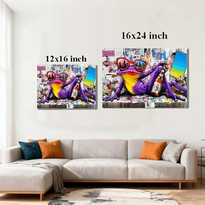 16x24 Urban Graffiti Purple Frog with Sunglasses Wall Art Canvas Painting Gallery Pop Art Street Artwork Decor Teen Little Boys Room Pictures Kids Bedroom Framed Posters for Men Office Living room