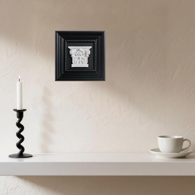 Elegant Black Framed Plaster Wall Art — 3D White Plaster Architectural Accent in Classic Frame, Small Decorative Shelf & Wall Decor for Living Room, Office, Entryway (8.7" x 8.7")