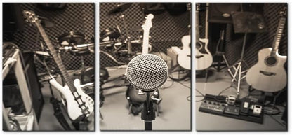 Pacimo 3 Panels Music Artistic Paintings Wall Art The Music of The Band Guitar and Shelf Drum Piano Pictures Print on Canvas for Modern Home Decoration for Living Room Framed Ready to Hang - 20"x28"x3