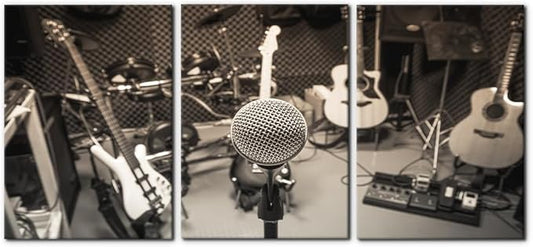 Pacimo 3 Panels Music Artistic Paintings Wall Art The Music of The Band Guitar and Shelf Drum Piano Pictures Print on Canvas for Modern Home Decoration for Living Room Framed Ready to Hang - 20"x28"x3