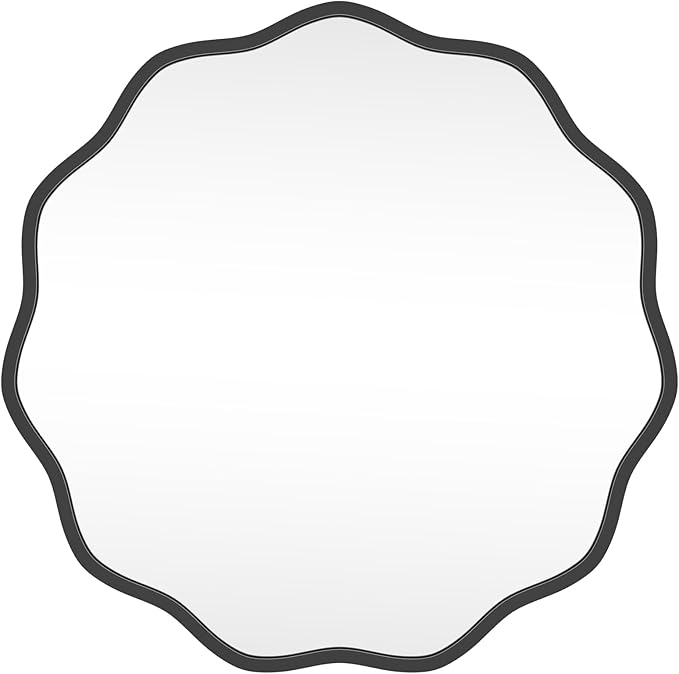 HOMECOOKIN 24" Wavy Round Wall Mirror, Black Scalloped Circle Mirror Edge Round with Metal Frame, Modern Decorative Hanging/Leaning Mirrors for Bathroom, Hotels, Hallway, Entryway, Vanity, Office