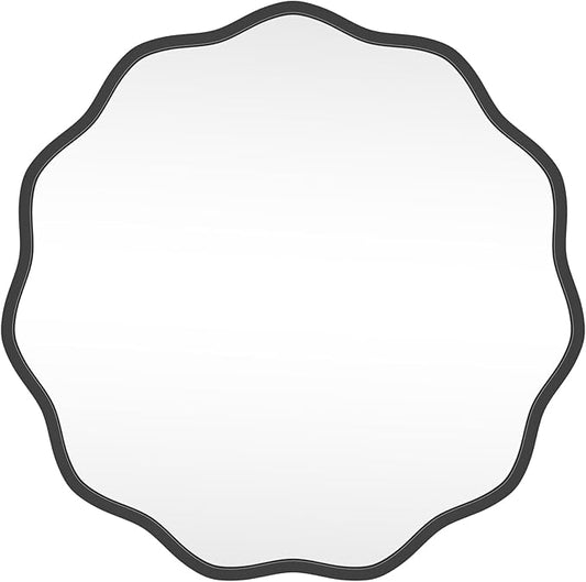 HOMECOOKIN 24" Wavy Round Wall Mirror, Black Scalloped Circle Mirror Edge Round with Metal Frame, Modern Decorative Hanging/Leaning Mirrors for Bathroom, Hotels, Hallway, Entryway, Vanity, Office