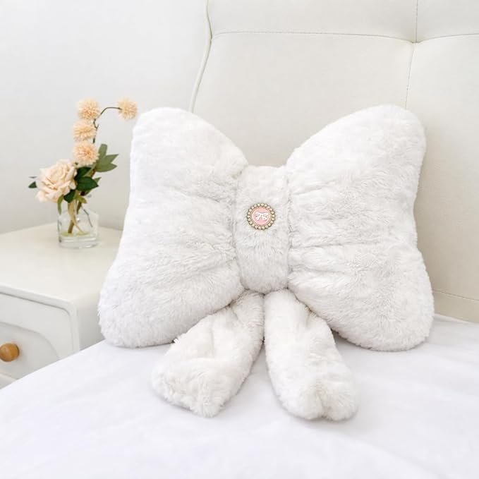 White Bow Pillow 12x9 Inch, Cute Plush Bow Shaped Decorative Pillow with Back Strap, Coquette Room Decor for Teen Girls Bedroom Chair Couch Car