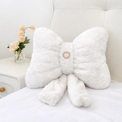 White Bow Pillow 12x9 Inch, Cute Plush Bow Shaped Decorative Pillow with Back Strap, Coquette Room Decor for Teen Girls Bedroom Chair Couch Car