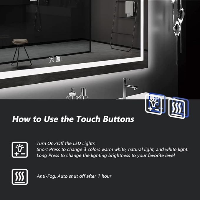 ROOMTEC 48 x 30 Inches LED Bathroom Mirror with Lights, Vanity Mirror with Front and Backlight, Smart Dimmable Anti-Fog LED Mirror for Bathroom, Memory Function, Tempered Glass (Horizontal/Vertical)