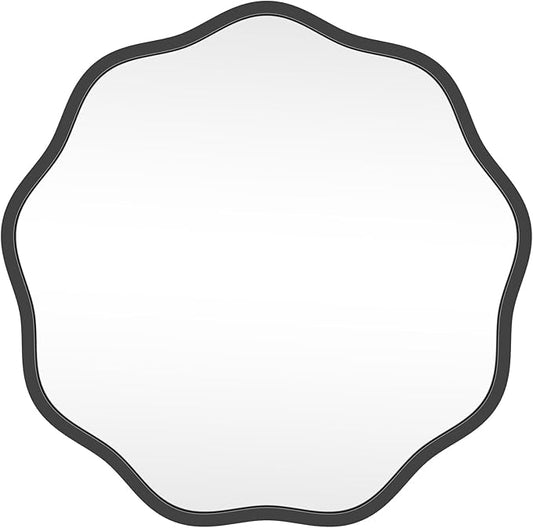 HOMECOOKIN 20" Wavy Round Wall Mirror, Black Scalloped Circle Mirror Edge Round with Metal Frame, Modern Decorative Hanging/Leaning Mirrors for Bathroom, Hotels, Hallway, Entryway, Vanity, Office