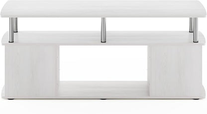 Furinno JAYA TV Stand, 3-Tier Entertainment Center with Open Shelf, TV Console for TV up to 50 Inch with Side Open Storage Compartments, for Living Room, Bedroom, White Oak/Stainless Steel Tubes