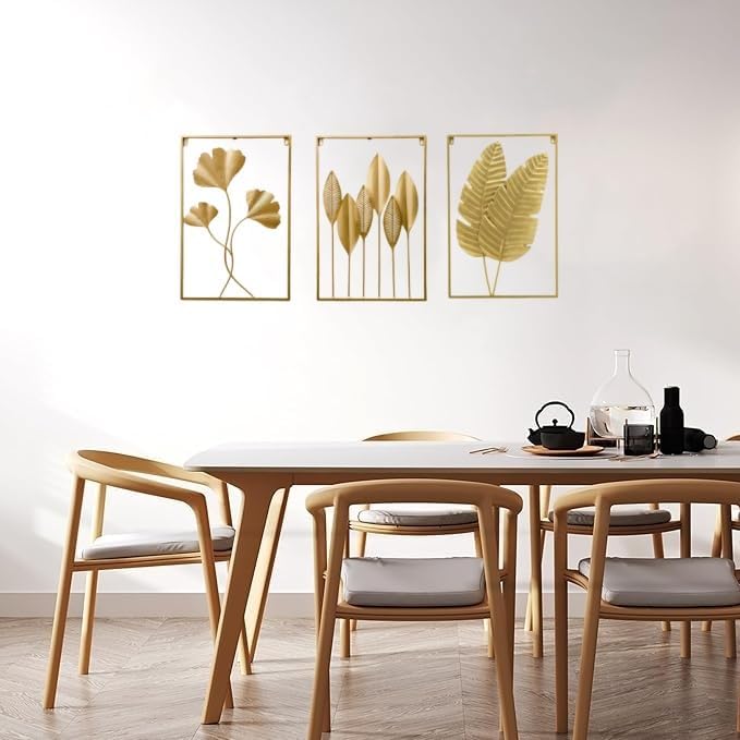 GSANMU Modern Metal leaf Wall Decor - 3 Pcs Yellow Large Hanging Wall Art Home Nature Decor for Indoor,Living Room, Office and Hotel 23.6×15.7 inch