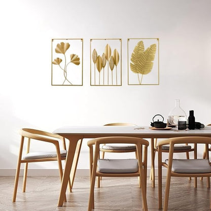GSANMU Modern Metal leaf Wall Decor - 3 Pcs Yellow Large Hanging Wall Art Home Nature Decor for Indoor,Living Room, Office and Hotel 23.6×15.7 inch