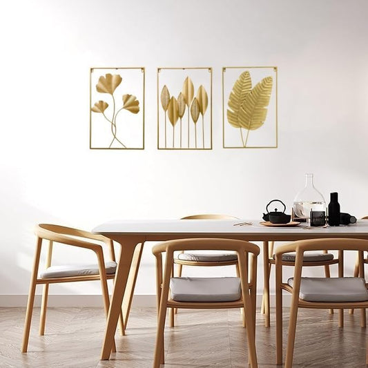 GSANMU Modern Metal leaf Wall Decor - 3 Pcs Yellow Large Hanging Wall Art Home Nature Decor for Indoor,Living Room, Office and Hotel 23.6×15.7 inch