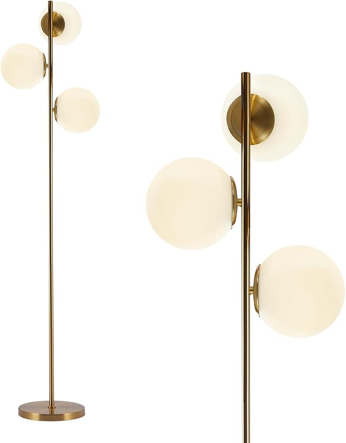 BOKT Modern Gold Floor Lamps Mid Century 3-Light Globe Standing Lamp Tall Pole Floor Light with Frosted Glass Contemporary Adjustable Floor Lamp for Living Room Reading Bedroom…