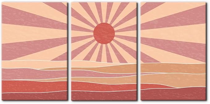 Pacimo 3 Pieces Boho Canvas Wall Art - Framed Canvas Wall Art Prints Sun Rising on the Sea Design - Modern Artwork for Home Decor, Neutral Boho Wall Decor for Living Room Bedroom Office - 16"x24"x3