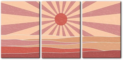 Pacimo 3 Pieces Boho Canvas Wall Art - Framed Canvas Wall Art Prints Sun Rising on the Sea Design - Modern Artwork for Home Decor, Neutral Boho Wall Decor for Living Room Bedroom Office - 16"x24"x3