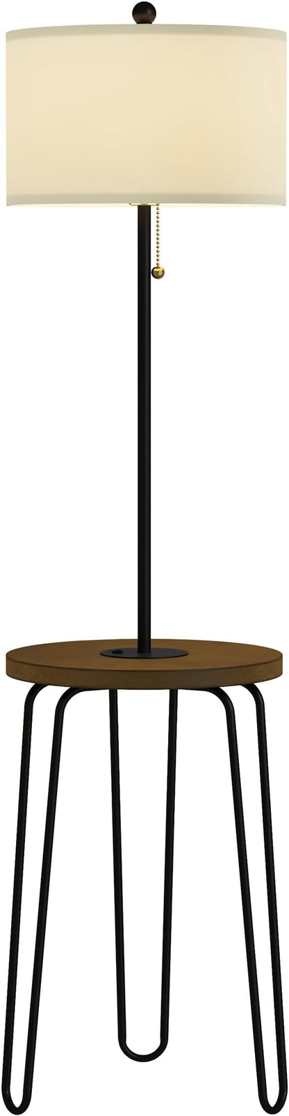Floor Lamp with Table - Mid-Century Modern Nightstand or Side Table with USB Port and Hairpin Legs - Standing Light with Shelves by Lavish Home